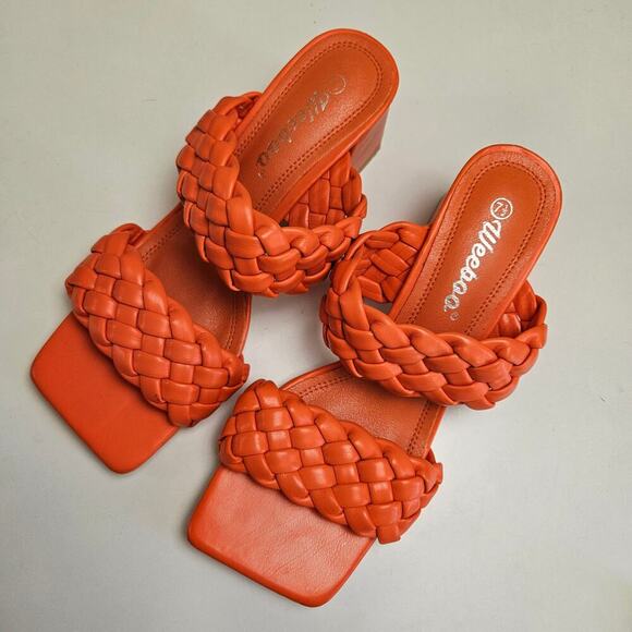 WeeBoo Puff Braided Square Toe Sandals Heels 7.5 Orange Chunky - Picture 2 of 9